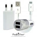Kit chargeur 220 Volts + allume-cigares + câble  micro USB pour Samsung Galaxy A9 par Pacific Cases® - Blanc